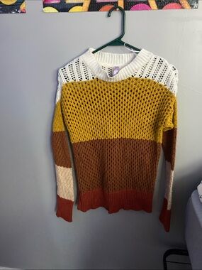 Alya Colorblock Open-Knit Crewneck Sweater in Mustard, Brown, Cream, Rust
